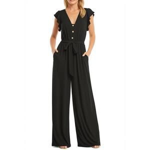 AGB Jumpsuit Womens Size 1X Black Wide-Leg Flutter Sleeve Elastic Waist Chic‎